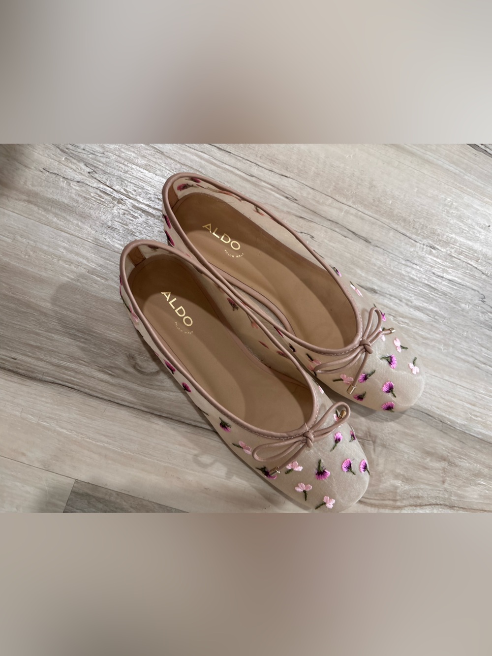 ALDO Beige Ballet Flats with Pink Floral Embroidery